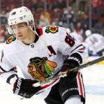 FILE - Chicago Blackhawks right wing Patrick Kane (88) skates before an NHL hockey game against the New Jersey Devils, Tuesday, Dec. 6, 2022, in Newark, N.J. (AP Photo/Noah K. Murray, File)