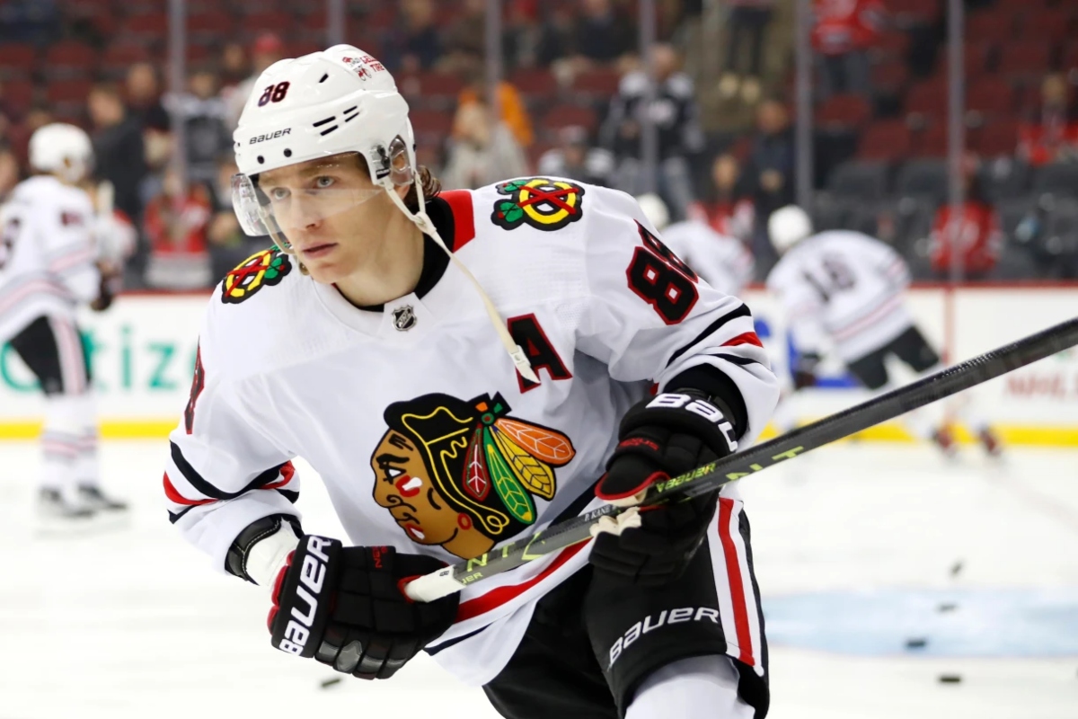 FILE - Chicago Blackhawks right wing Patrick Kane (88) skates before an NHL hockey game against the New Jersey Devils, Tuesday, Dec. 6, 2022, in Newark, N.J. (AP Photo/Noah K. Murray, File)