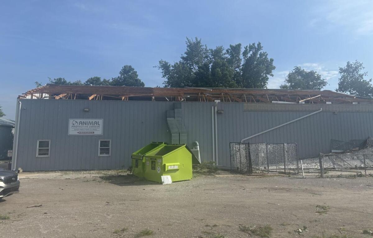 The roof remains off the Animal Protective League building in Springfield, six weeks after a tornado did extensive damage.