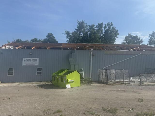 The roof remains off the Animal Protective League building in Springfield, six weeks after a tornado did extensive damage.