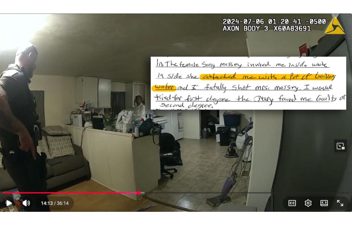 Body camera video depicts former Sangamon County Sheriff’s Deputy Sean Grayson seconds before he shot and killed Sonya Massey in her kitchen. Within that image, Grayson’s hand-written note shows his description of the encounter. (Capitol News Illinois illustration by Jerry Nowicki, document obtained via FOIA request)