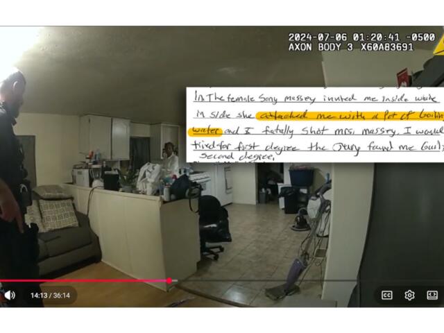 Body camera video depicts former Sangamon County Sheriff’s Deputy Sean Grayson seconds before he shot and killed Sonya Massey in her kitchen. Within that image, Grayson’s hand-written note shows his description of the encounter. (Capitol News Illinois illustration by Jerry Nowicki, document obtained via FOIA request)