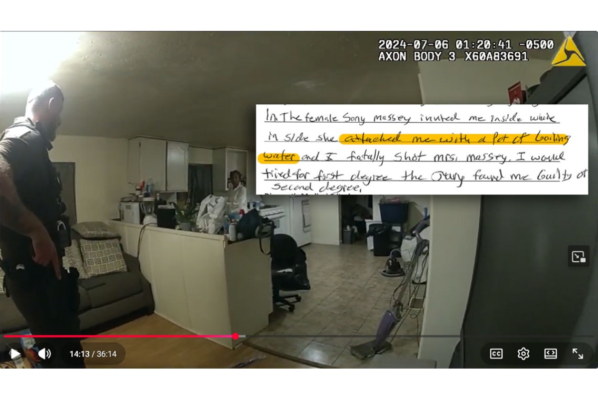 Body camera video depicts former Sangamon County Sheriff’s Deputy Sean Grayson seconds before he shot and killed Sonya Massey in her kitchen. Within that image, Grayson’s hand-written note shows his description of the encounter. (Capitol News Illinois illustration by Jerry Nowicki, document obtained via FOIA request)