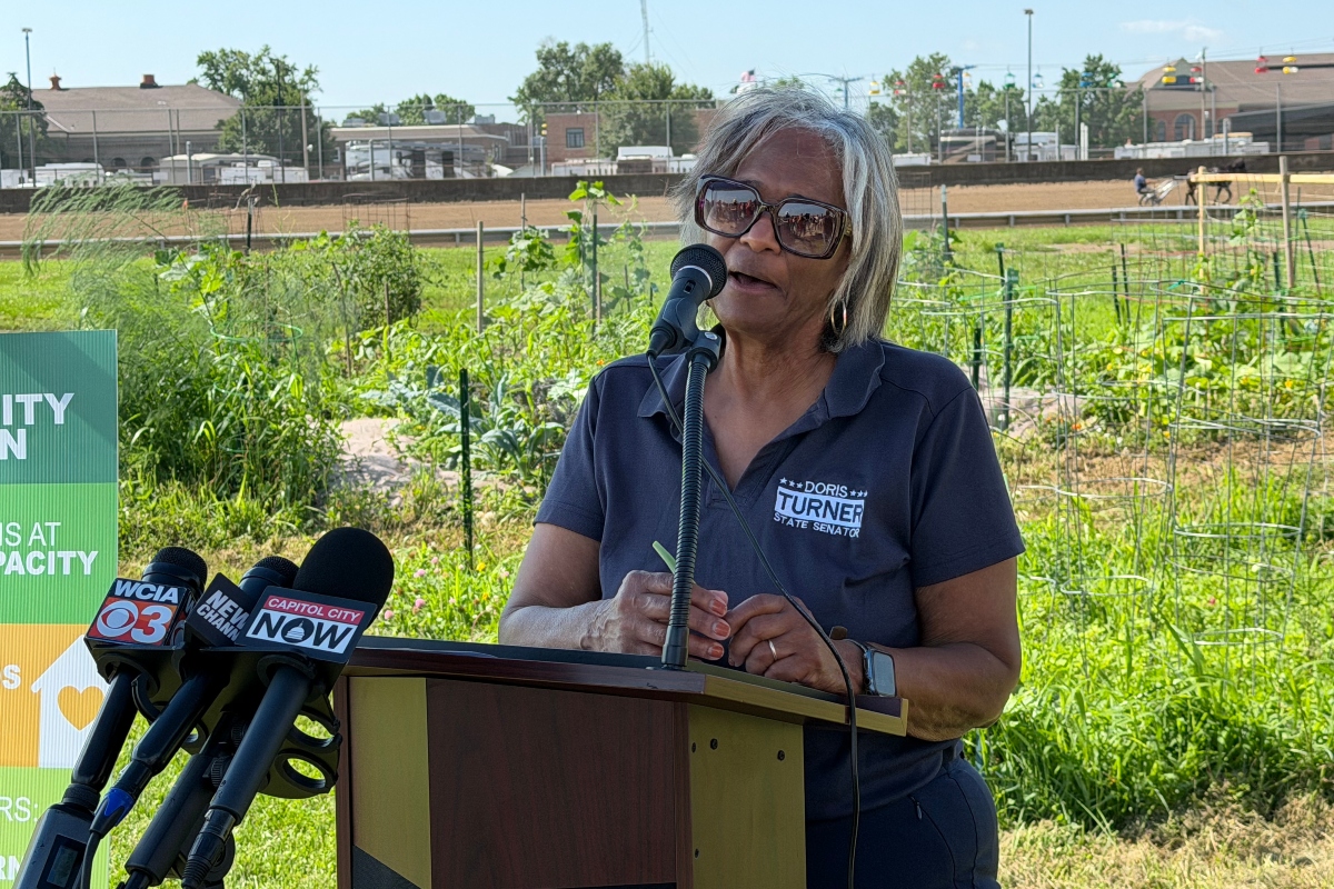 State Senator Doris Turner (D-Springfield) speaks during a July 1, 2026 press conference at the Illinois State Fairgrounds.