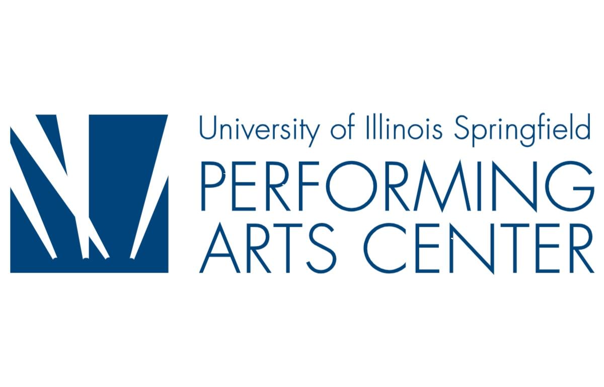 University of Illinois Springfield Performing Arts Center logo with a blue abstract mark on the left and text on the right.