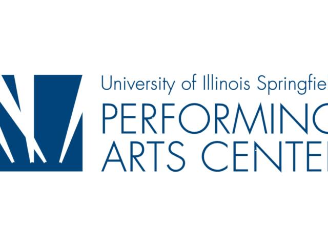University of Illinois Springfield Performing Arts Center logo with a blue abstract mark on the left and text on the right.