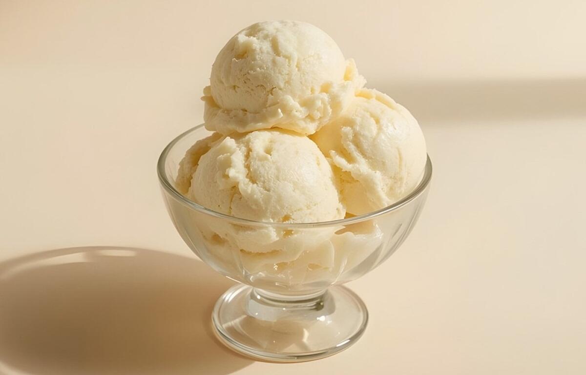 Three scoops of vanilla ice cream in a clear glass dessert bowl on a pale surface.