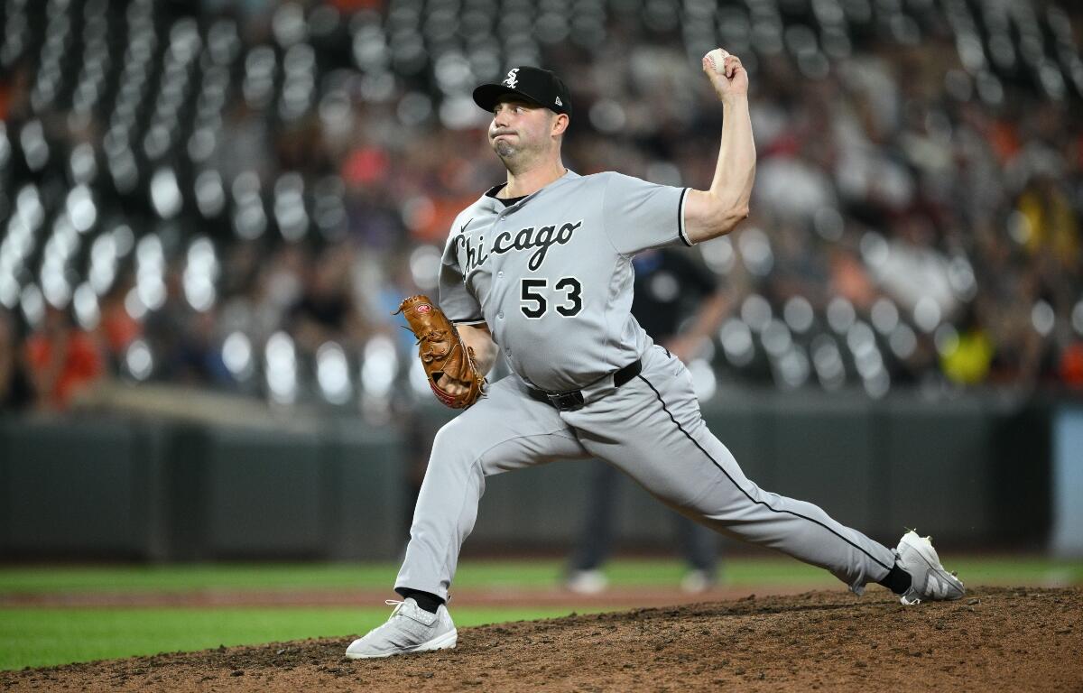 Chicago White Sox pitcher Brandon Eisert throws during the ninth inning of a baseball game against the Baltimore Orioles, Monday, June 29, 2026, in Baltimore. (AP Photo/Nick Wass)