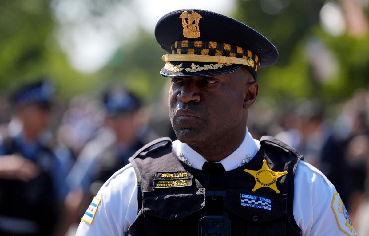 FILE - Chicago Police Superintendent Larry Snelling watches a march to the Democratic National Convention Monday, Aug. 19, 2024, in Chicago. (AP Photo/Alex Brandon,File)