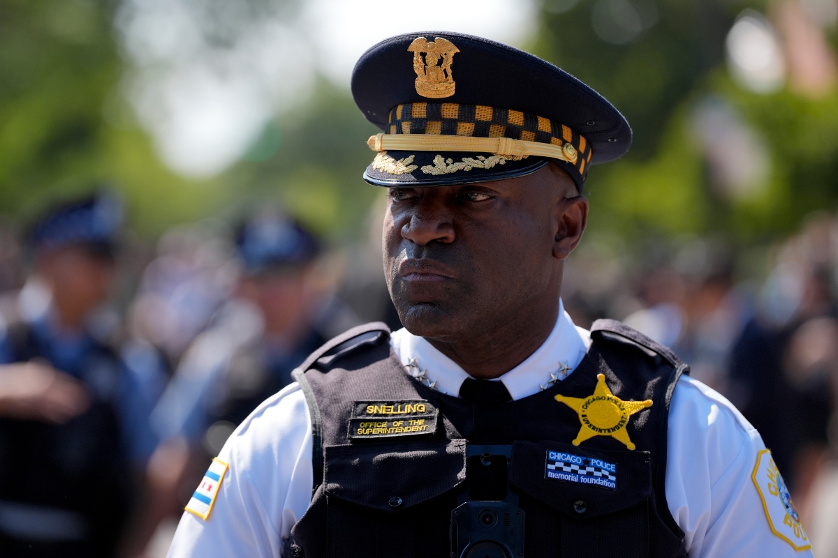 FILE - Chicago Police Superintendent Larry Snelling watches a march to the Democratic National Convention Monday, Aug. 19, 2024, in Chicago. (AP Photo/Alex Brandon,File)