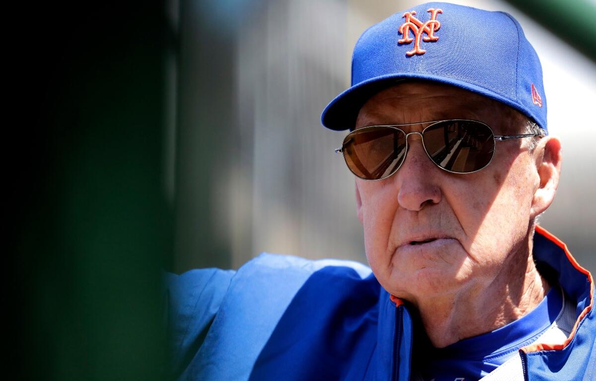 FILE - New York Mets pitching coach Phil Regan looks to the field before a baseball game against the Chicago Cubs in Chicago, June 22, 2019. (AP Photo/Nam Y. Huh, File)