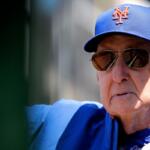 FILE - New York Mets pitching coach Phil Regan looks to the field before a baseball game against the Chicago Cubs in Chicago, June 22, 2019. (AP Photo/Nam Y. Huh, File)