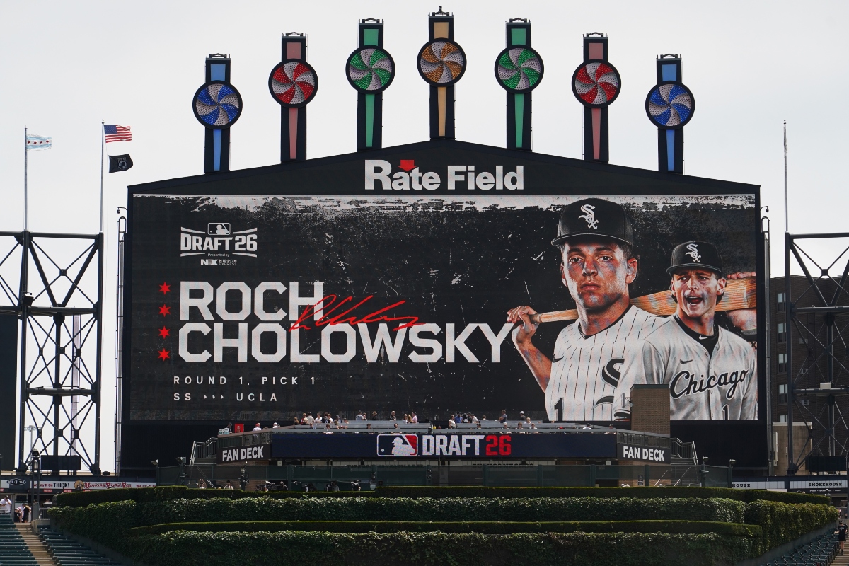 UCLA shortstop Roch Cholowsky goes No. 1 overall to the Chicago White Sox during the 2026 MLB Draft shown on the scoreboard before a baseball game between the Chicago White Sox and the Athletics Saturday, July 11, 2026, in Chicago. (AP Photo/David Banks)