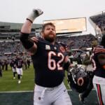 FILE - Chicago Bears guard Joe Thuney reacts as he leaves the field after NFL football game against the New York Giants, Nov. 9, 2025, in Chicago. (AP Photo/Nam Y. Huh, File)