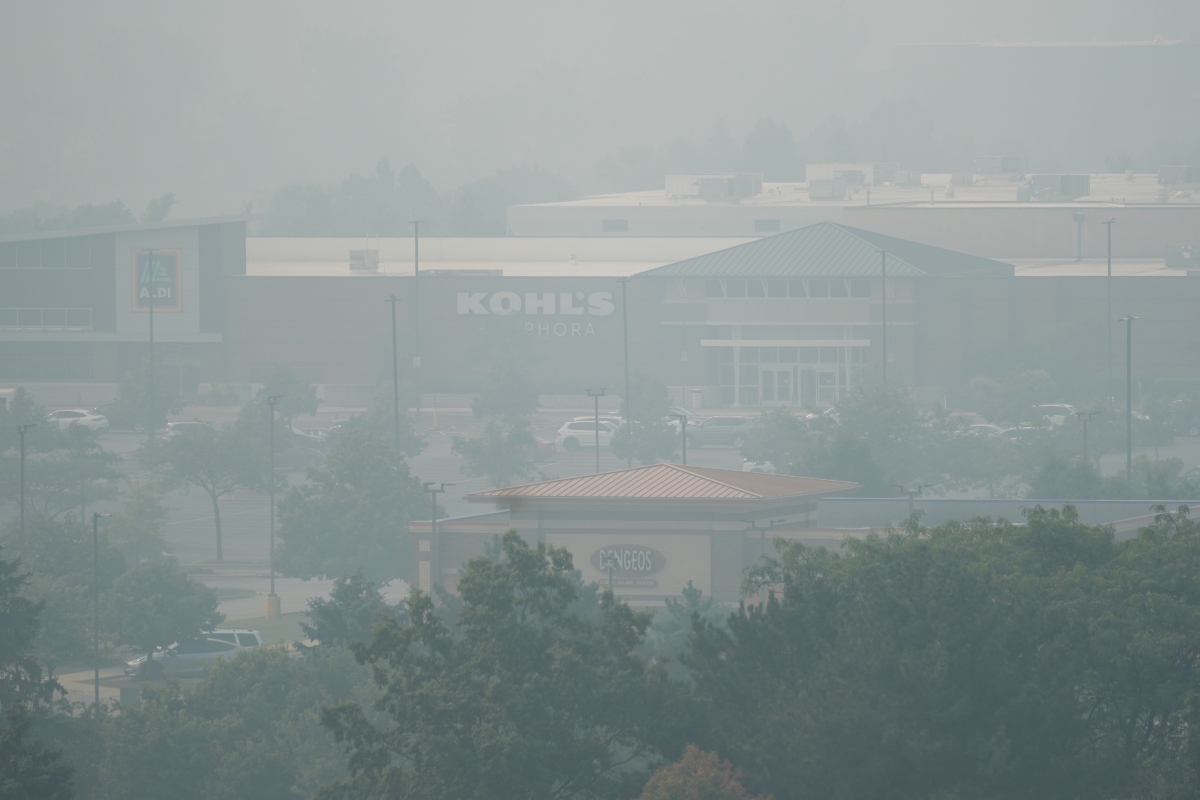A general view of street mall during poor air quality due to dense smoke from Canadian wildfires in Glenview, Ill., Thursday, July 16, 2026. (AP Photo/Nam Y. Huh) CORRECTION: Glenview, not Northbrook