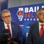 Republican Darren Bailey, left, and his running mate, Aaron Del Mar, take questions from reporters after winning the Republican nomination on primary night on March 17, 2026. (Capitol News Illinois photo by Peter Hancock)