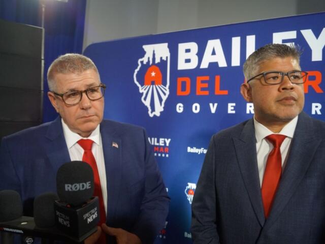 Republican Darren Bailey, left, and his running mate, Aaron Del Mar, take questions from reporters after winning the Republican nomination on primary night on March 17, 2026. (Capitol News Illinois photo by Peter Hancock)