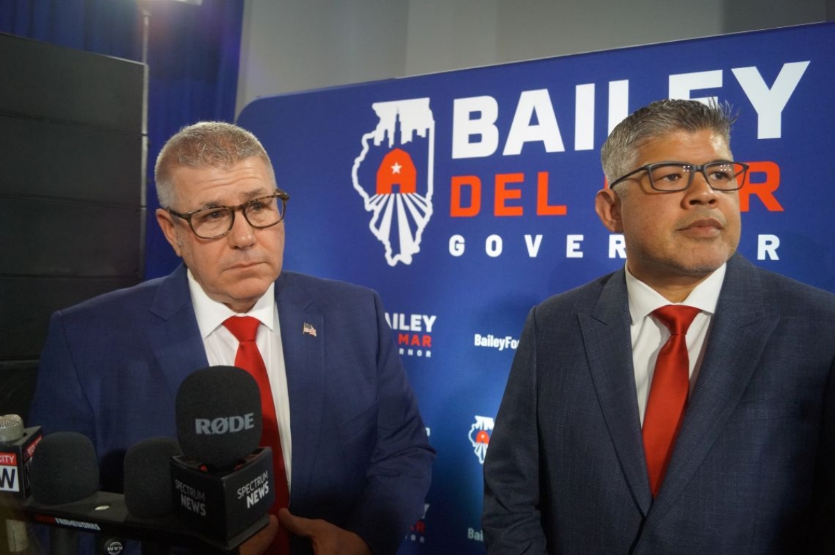 Republican Darren Bailey, left, and his running mate, Aaron Del Mar, take questions from reporters after winning the Republican nomination on primary night on March 17, 2026. (Capitol News Illinois photo by Peter Hancock)