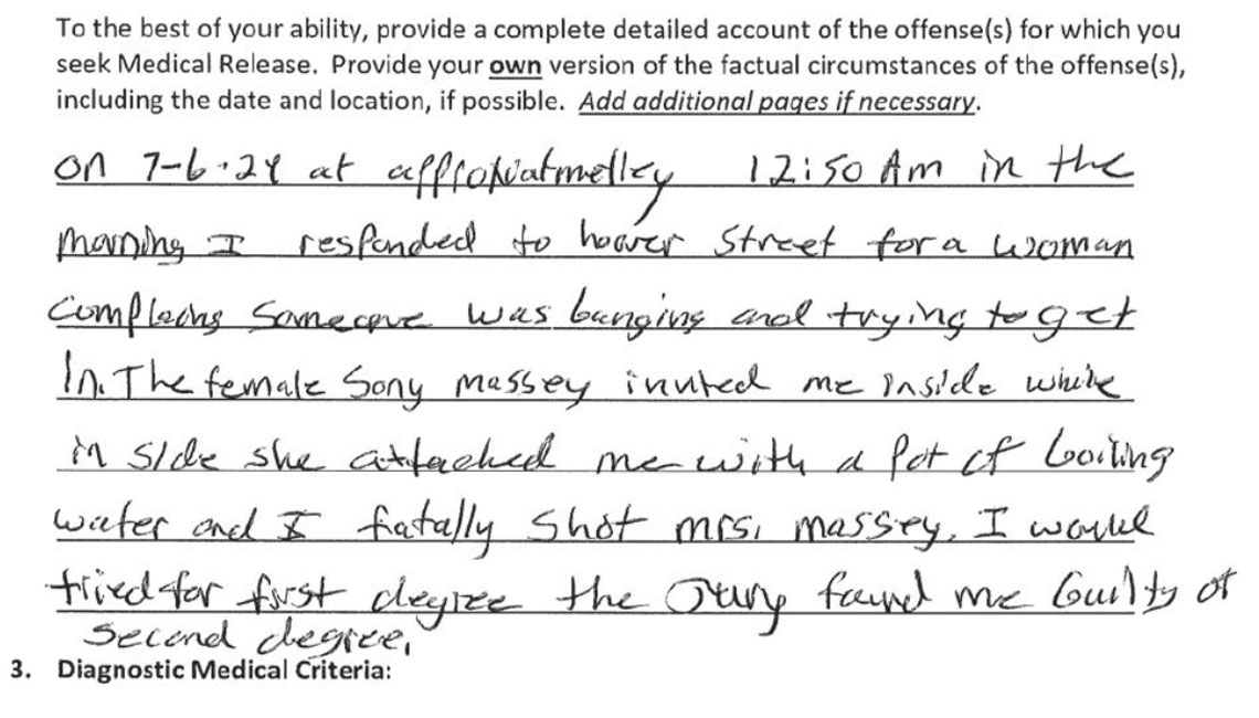 Sean Grayson’s handwritten description of the evening he shot Sonya Massey to death, leading to his murder conviction. (Document obtained via FOIA request)