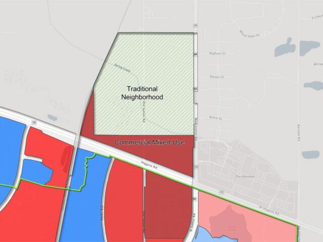 Hoffman Estates’ Interactive Zoning District Map shows the parcels of land that  were proposed for rezoning to manufacturing. The plots are currently zoned as Traditional Neighborhood and Commercial Mixed-Use districts. (Capitol News Illinois screenshot by Maggie Dougherty)