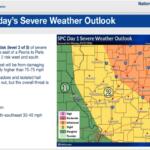 NOAA/NWS slide titled "Today’s Severe Weather Outlook" showing Left: Key Points about enhanced risk, timing and storm motion; Right: color-coded SPC Day 1 map of central U.S. with risk levels 1–3 (green, yellow, orange) and a legend; date July 27, 2026, 11:06 AM CDT; logos for NOAA/NWS Lincoln, IL.