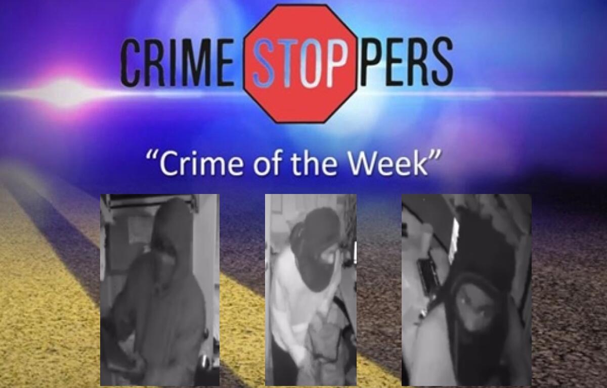 Banner for Crime Stoppers reading 'Crime of the Week' with a red octagon logo and three grayscale surveillance photos of suspects beneath it on a road background.