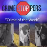 Banner for Crime Stoppers reading 'Crime of the Week' with a red octagon logo and three grayscale surveillance photos of suspects beneath it on a road background.