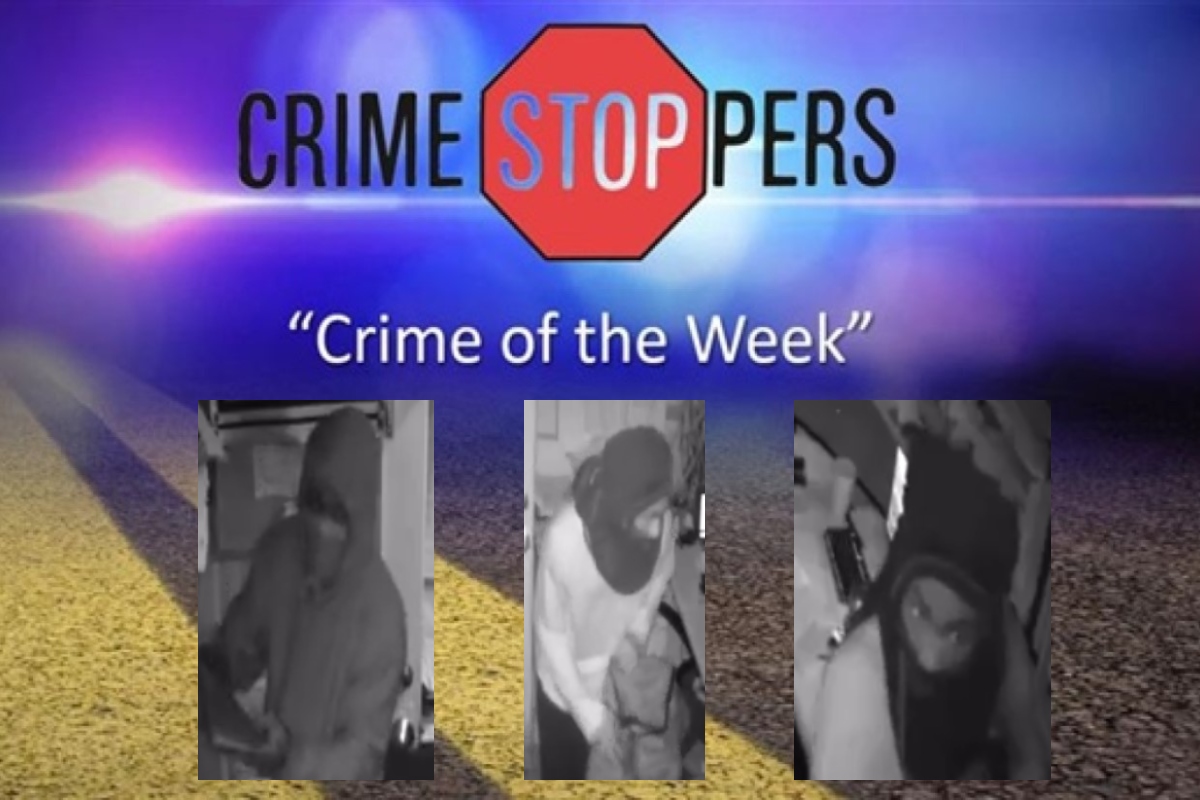 Banner for Crime Stoppers reading 'Crime of the Week' with a red octagon logo and three grayscale surveillance photos of suspects beneath it on a road background.