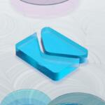 Blue translucent geometric block resting on a white swirled surface with circular reflective discs nearby (decorative image)