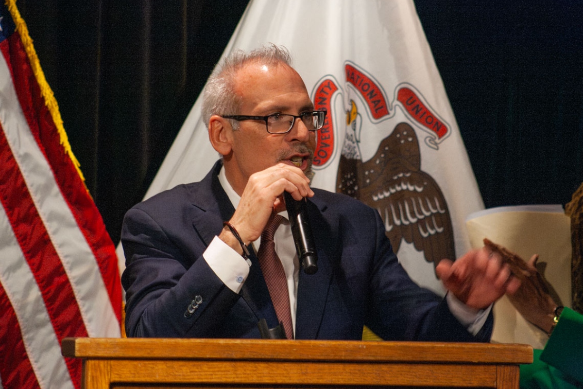 Illinois Supt. of Education Dr. Tony Sanders speaks at the Governor’s Mansion in Springfield in March 2026. (Capitol News Illinois photo by Jenna Schweikert)