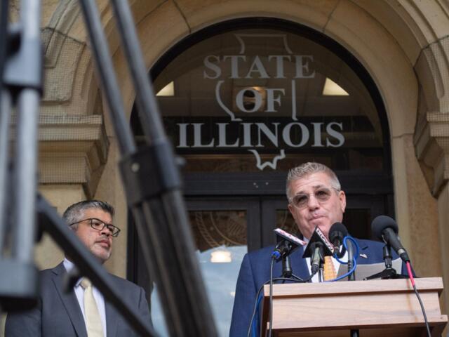 Republican candidate for governor Darren Bailey speaks at a news conference on the steps of the Capitol in August. (Capitol News Illinois photo by Jerry Nowicki)