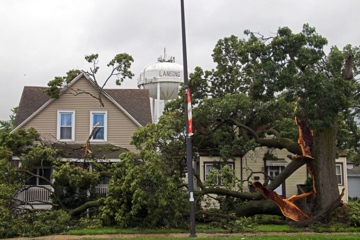 Storm damage can be seen throughout Lansing, Illinois, on Aug. 14, 2026. (Capitol News Illinois photo by Maggie Dougherty)