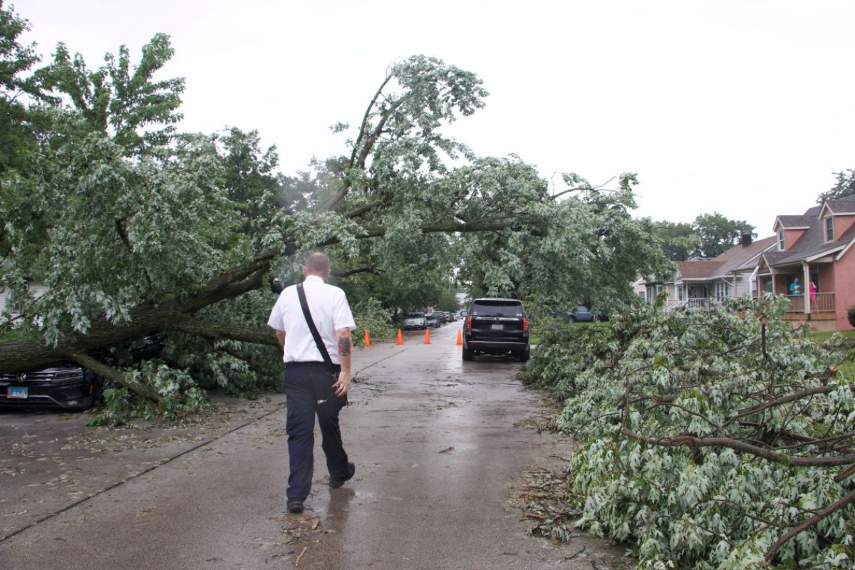 Storm damage can be seen throughout Lansing, Illinois on Aug. 14, 2026. (Capitol News Illinois photo by Maggie Dougherty)