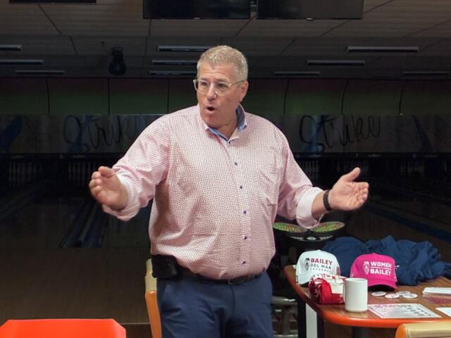 Republican Darren Bailey speaks to supporters at an event in Virden on Monday, Aug. 24, 2026. (Capitol News Illinois photo by Ben Szalinski)