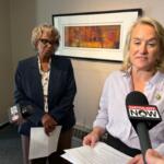 State Sen. Doris Turner (D-Springfield, left) and U.S. Rep. Nikki Budzinski, speak to reporters Thursday, Aug. 20, in downtown Springfield.