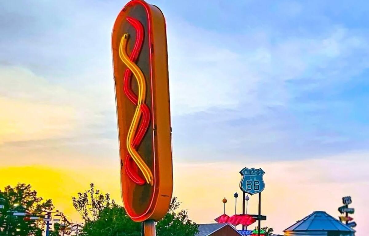 This nearly 25-foot-tall Cozy Dog has been installed on the Illinois State Fairgrounds.