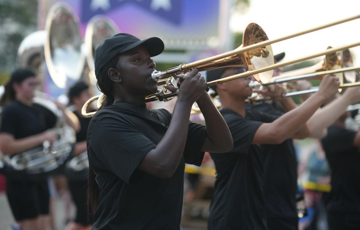 One of the marching bands in the Illinois State Fair "Miles of Smiles" Parade Thursday, August 13.