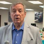 Senator Dick Durbin (D-IL) speaks to reporters Monday, August 17, at ImpactLife blood center in Springfield.