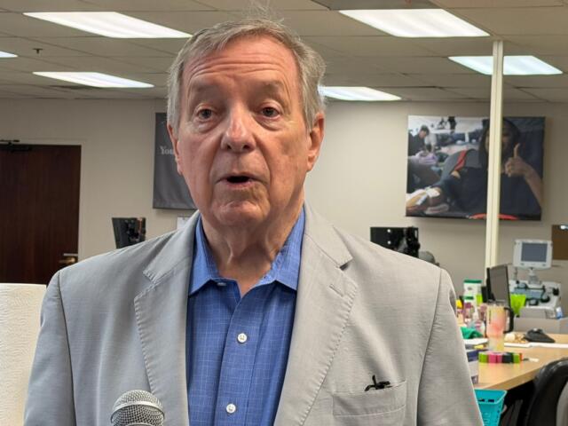 Senator Dick Durbin (D-IL) speaks to reporters Monday, August 17, at ImpactLife blood center in Springfield.
