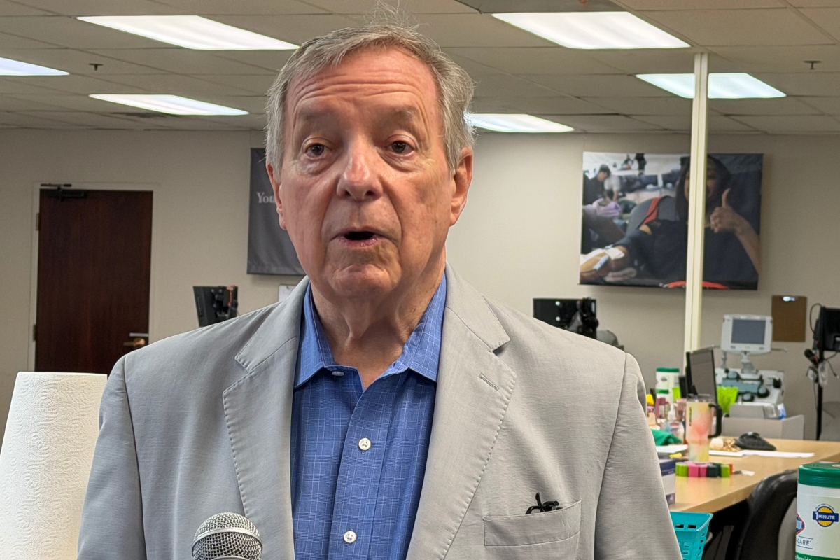 Senator Dick Durbin (D-IL) speaks to reporters Monday, August 17, at ImpactLife blood center in Springfield.