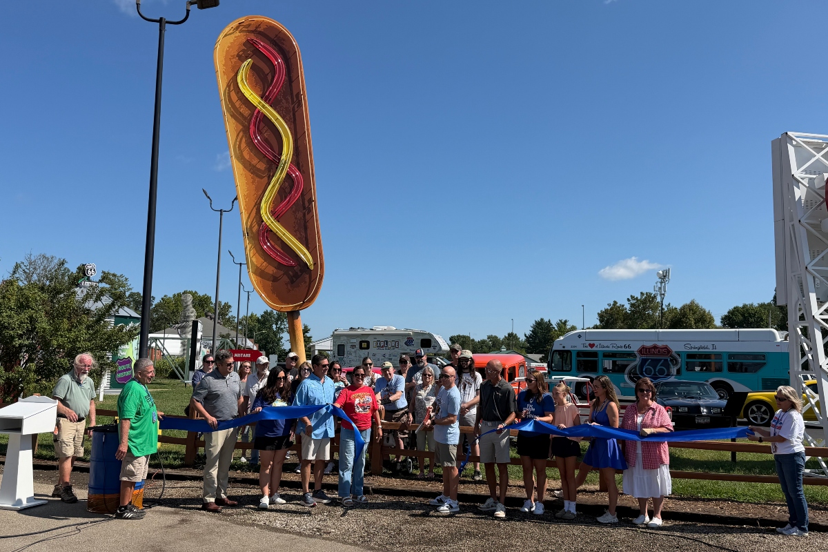 A ribbon-cutting was held Saturday, August 22, for the new Cozy Dog monument that's part of the Route 66 Experience at the Illinois State Fairgrounds.