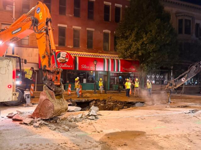 City Water, Light, and Power crews work to fix a water main break in downtown Springfield Thursday, August 27.