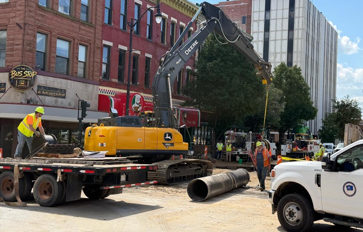 A water main section was waited on the ground as crews worked on a break at 5th and Monroe Friday, Aug. 28.