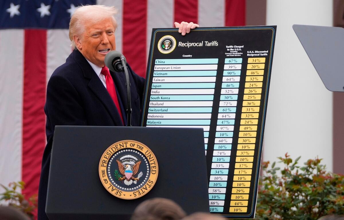 FILE - President Donald Trump speaks during an event to announce new tariffs in the Rose Garden at the White House on April 2, 2025, in Washington. (AP Photo/Mark Schiefelbein, File)