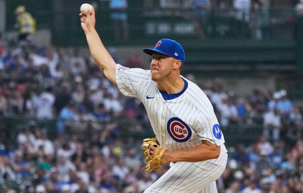 Chicago Cubs starting pitcher Jameson Taillon throws against the Detroit Tigers during the first inning of a baseball game in Chicago, Monday, July 20, 2026. (AP Photo/Nam Y. Huh)