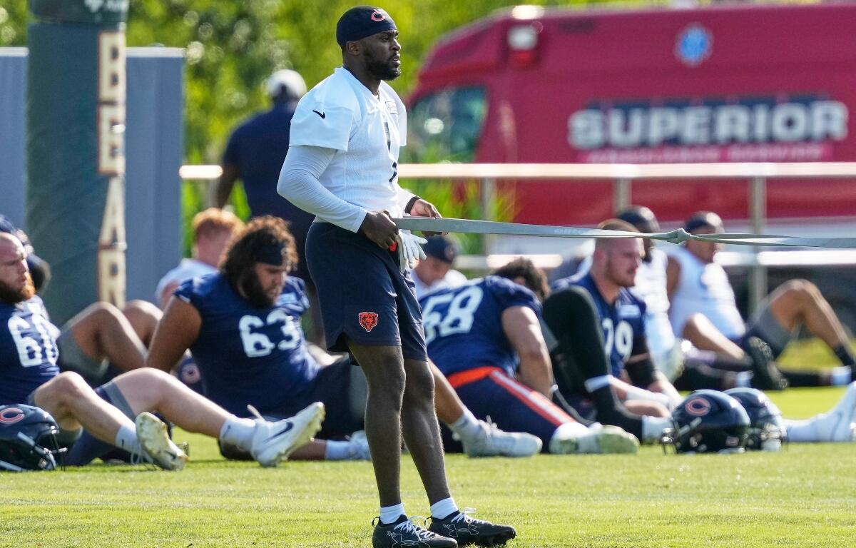 Chicago Bears cornerback Jaylon Johnson works on the field during practice at the team's NFL football training camp, Wednesday, July 29, 2026, in Lake Forest, Ill. (AP Photo/Nam Y. Huh)