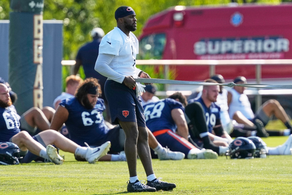 Chicago Bears cornerback Jaylon Johnson works on the field during practice at the team's NFL football training camp, Wednesday, July 29, 2026, in Lake Forest, Ill. (AP Photo/Nam Y. Huh)