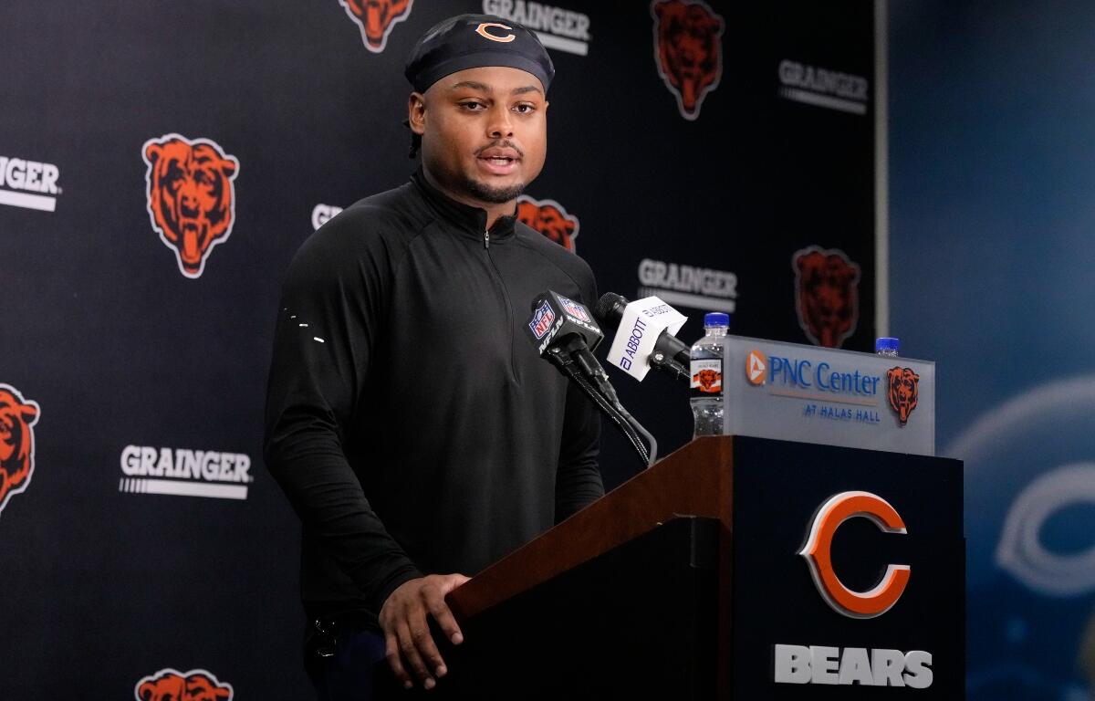 Chicago Bears defensive back Coby Bryant speaks during news conference at the team's NFL football training camp, Wednesday, July 29, 2026, in Lake Forest, Ill. (AP Photo/Nam Y. Huh)