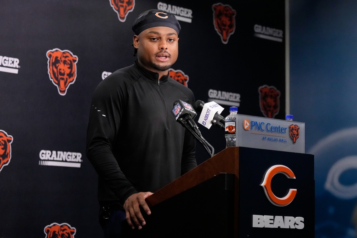 Chicago Bears defensive back Coby Bryant speaks during news conference at the team's NFL football training camp, Wednesday, July 29, 2026, in Lake Forest, Ill. (AP Photo/Nam Y. Huh)