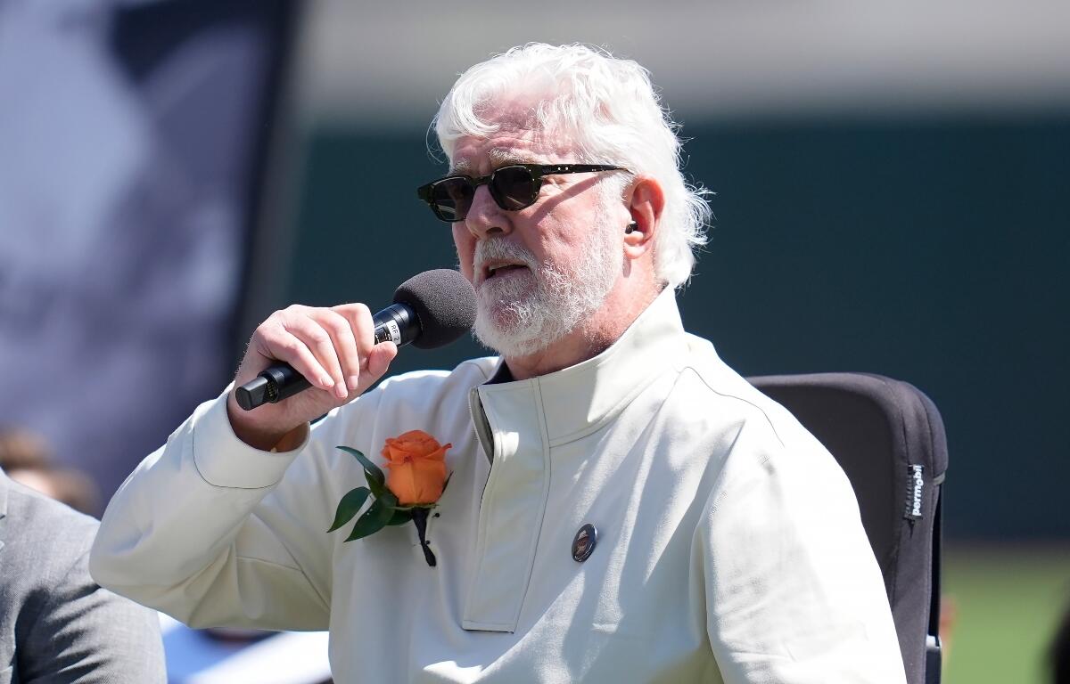 FILE - Broadcaster Mike Krukow speaks during a remembrance ceremony for former San Francisco Giants player Orlando Cepeda before a baseball game between the Giants and the San Diego Padres in San Francisco, Sept. 15, 2024. (AP Photo/Jeff Chiu, File)